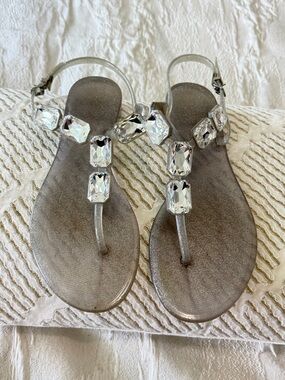 Women's Silver Jeweled T-Strap Sandals